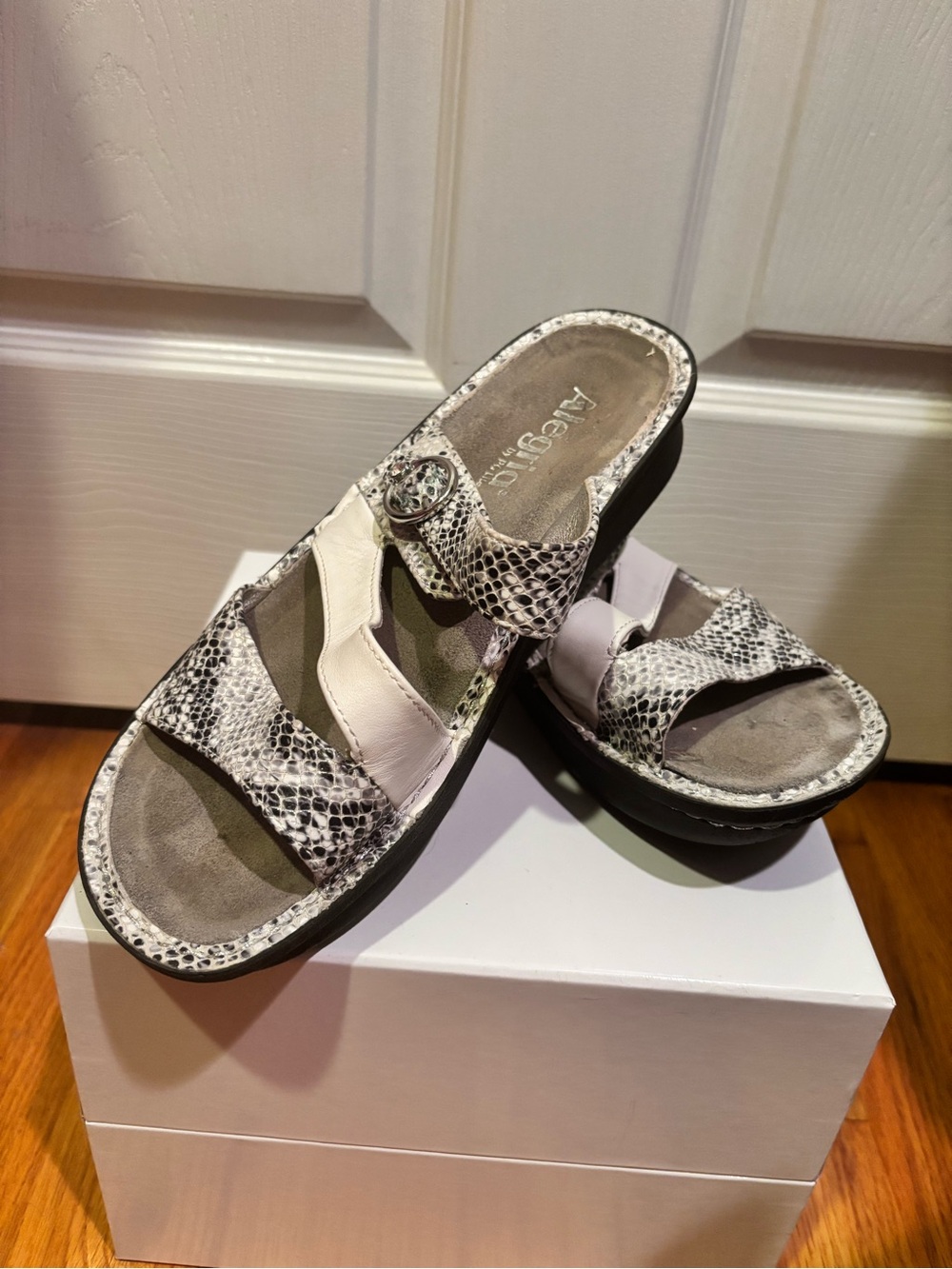 Alegria White and Snake-Print Slide Sandals 🖤